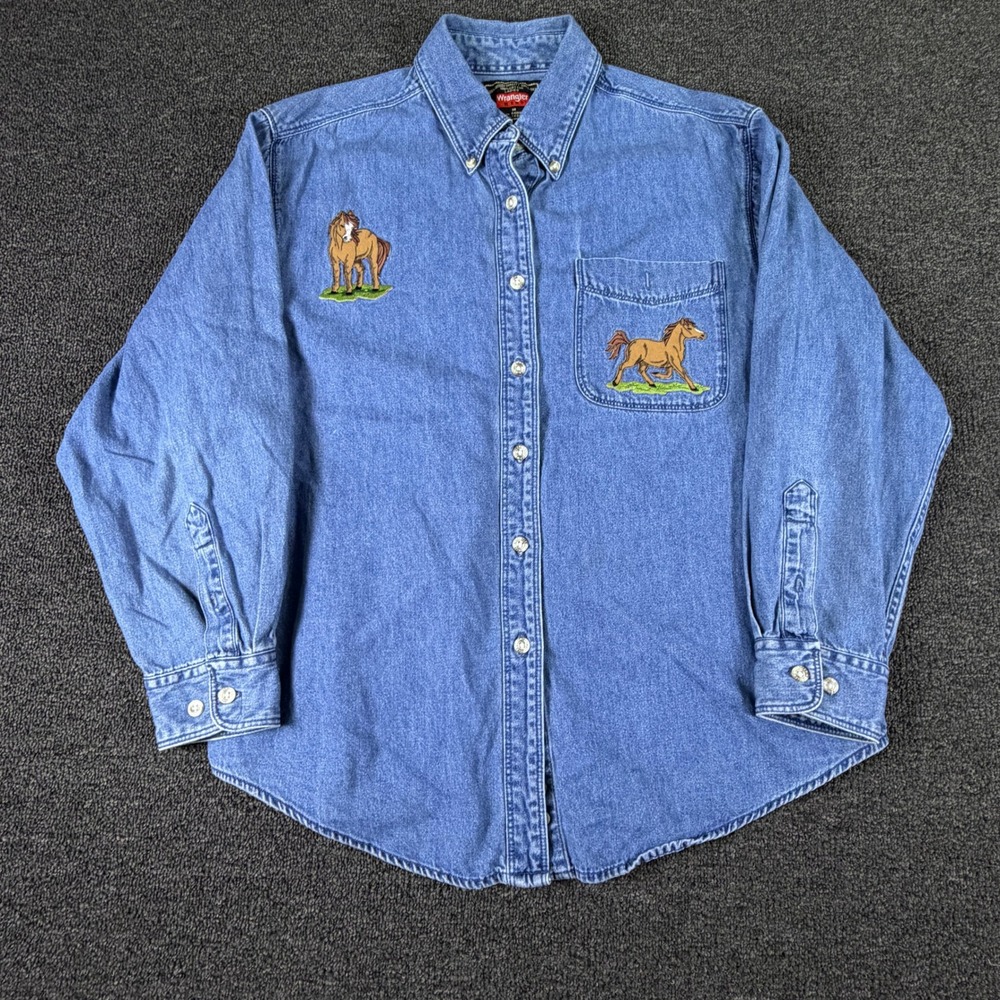 Wrangler Shirt Womens M Hero Western Blue Embroidered Horse Button Down EUC